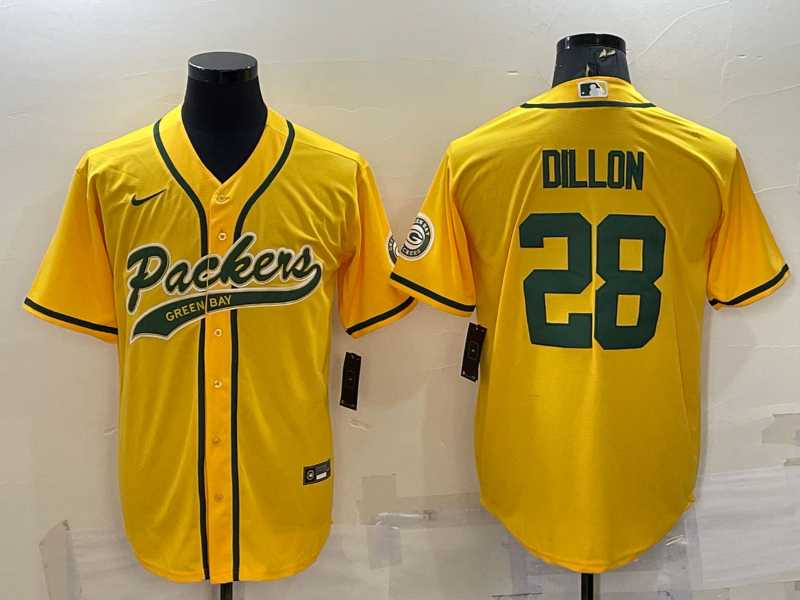 Men%27s Green Bay Packers #28 AJ Dillon Yellow With Patch Cool Base Stitched Baseball Jersey